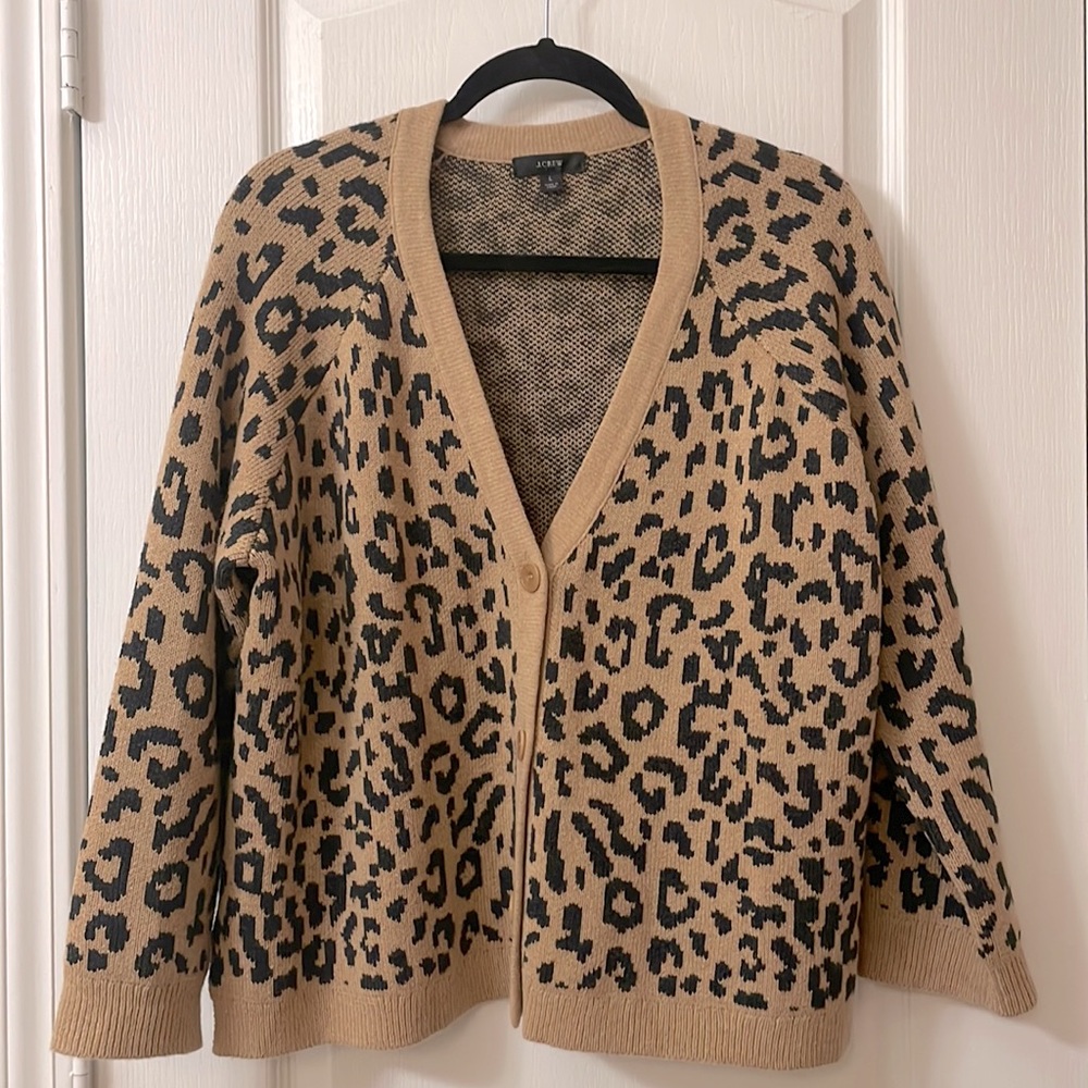 J. Crew leopard print wool blend sweater cardigan size L